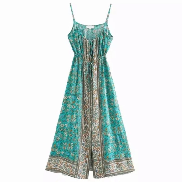 SOLD OUT Turquoise Bohemian Button Front Floral Dress - Picture 2 of 2